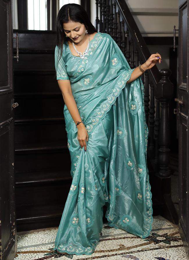 Silk Sky Blue Traditional Wear Cut Work Saree